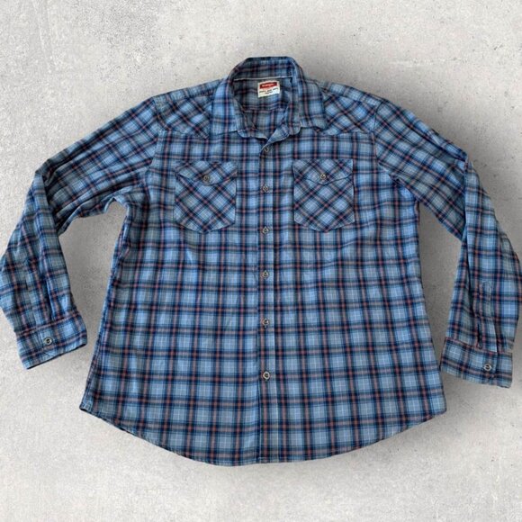 Wrangler Western Shirt Men Size XL Blue Plaid Flannel Metal Buttons Rodeo Cowboy - Picture 1 of 5